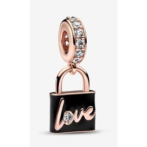 Authentic Pandora Love 14k Rose Gold plated Black Padlock Dangle Charm